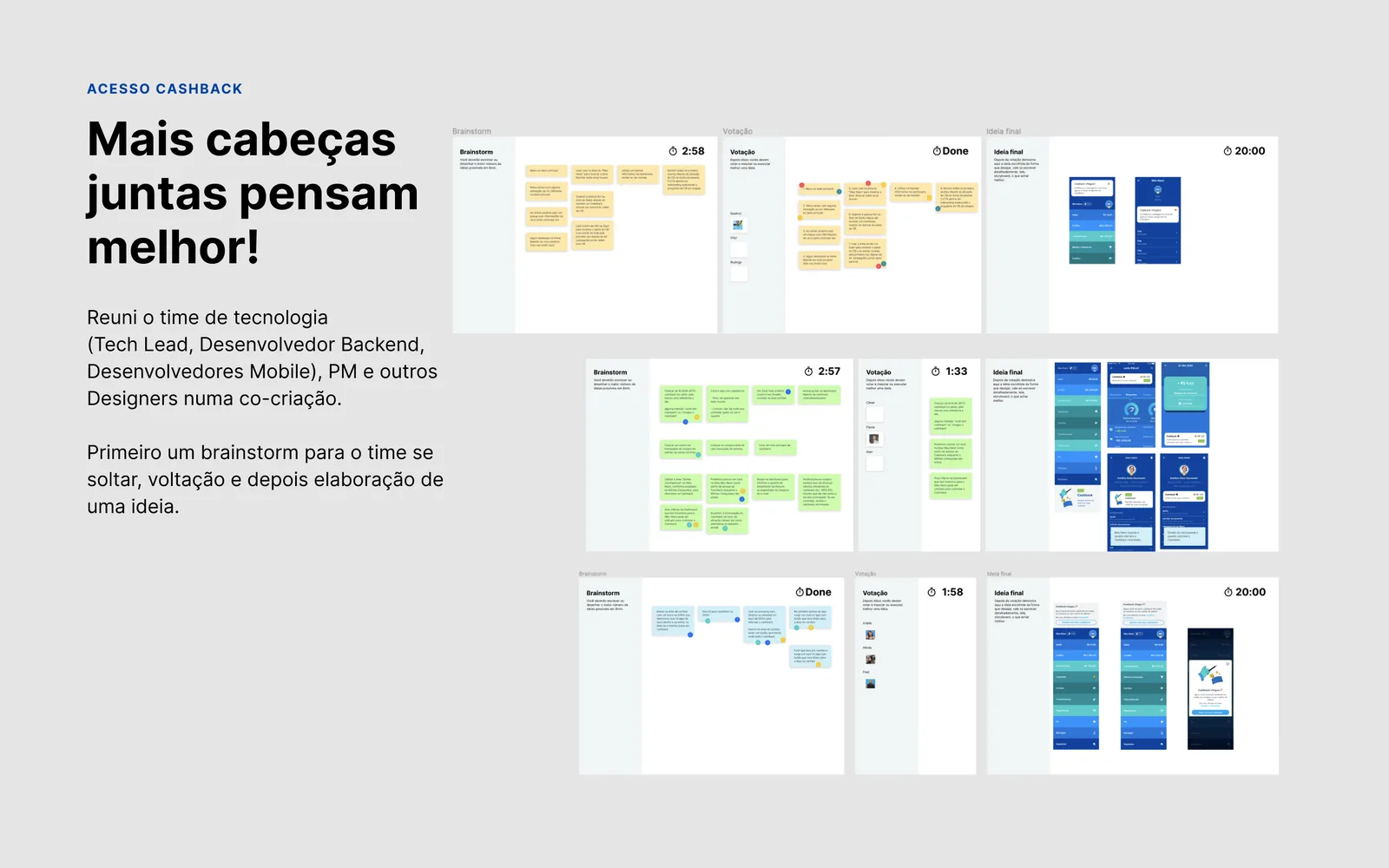 Boards da sessão de co-criação com brainstorm, votação e elaboração da ideia final por três grupos