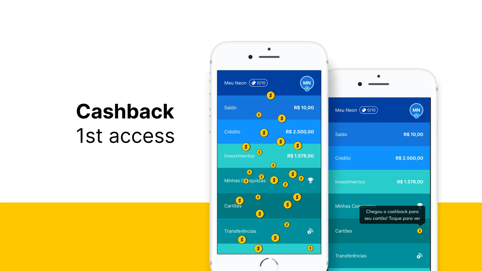 Capa do case: primeiro acesso ao cashback da Neon com a chuva de moedas na tela principal
