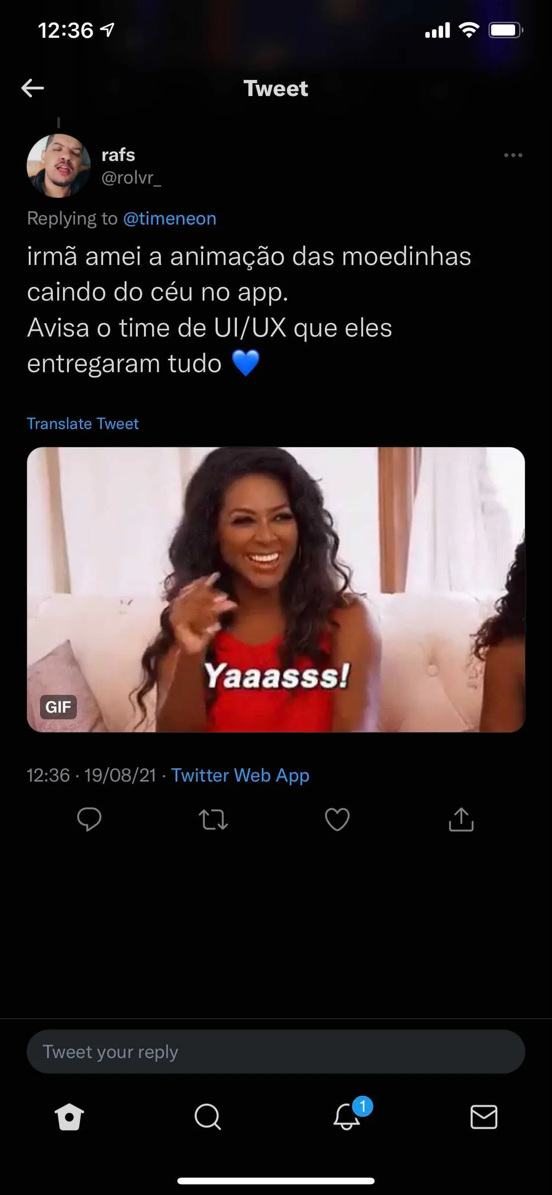 Print de um tweet elogiando a animação das moedinhas no app da Neon