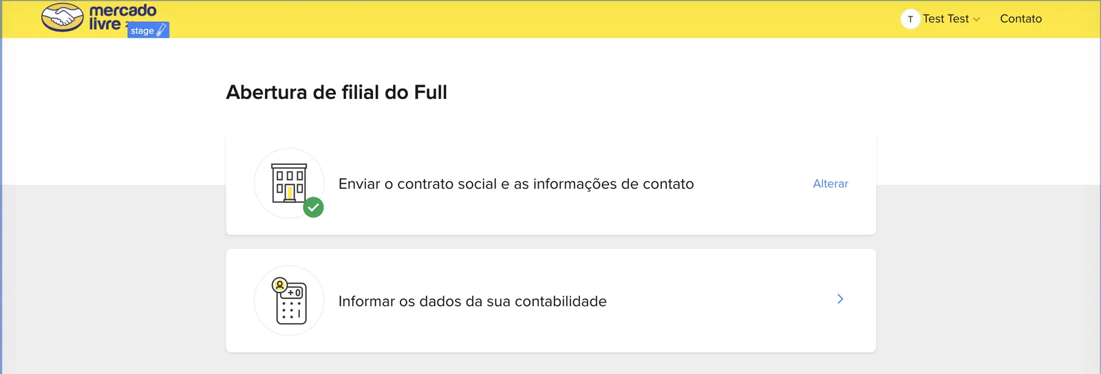 Hub da abertura de filial do Full com duas etapas: contrato social e informações de contato já enviado, e dados da contabilidade pendente