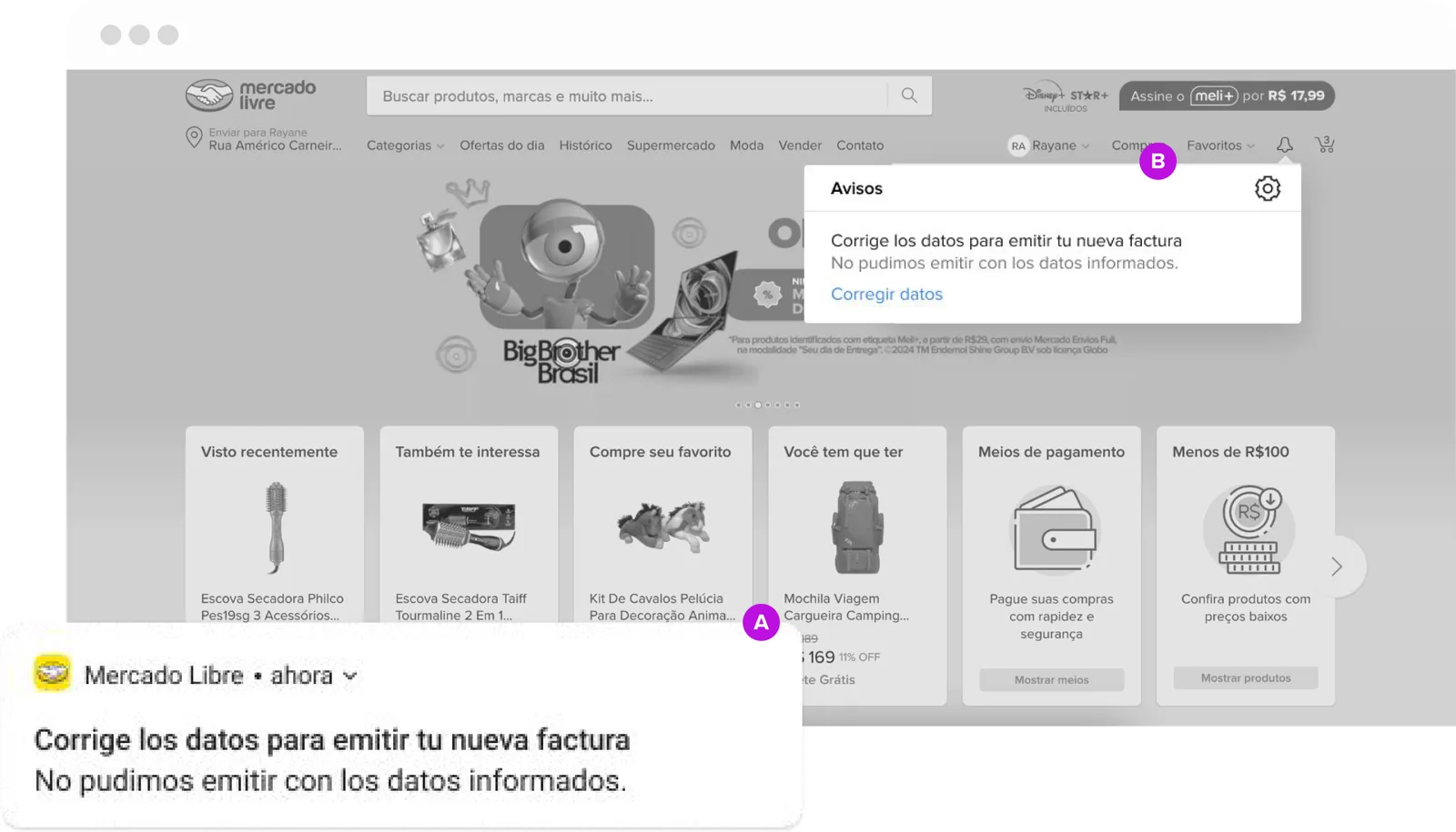 Notificação push (A) e card de avisos no site (B) pedindo correção dos dados
