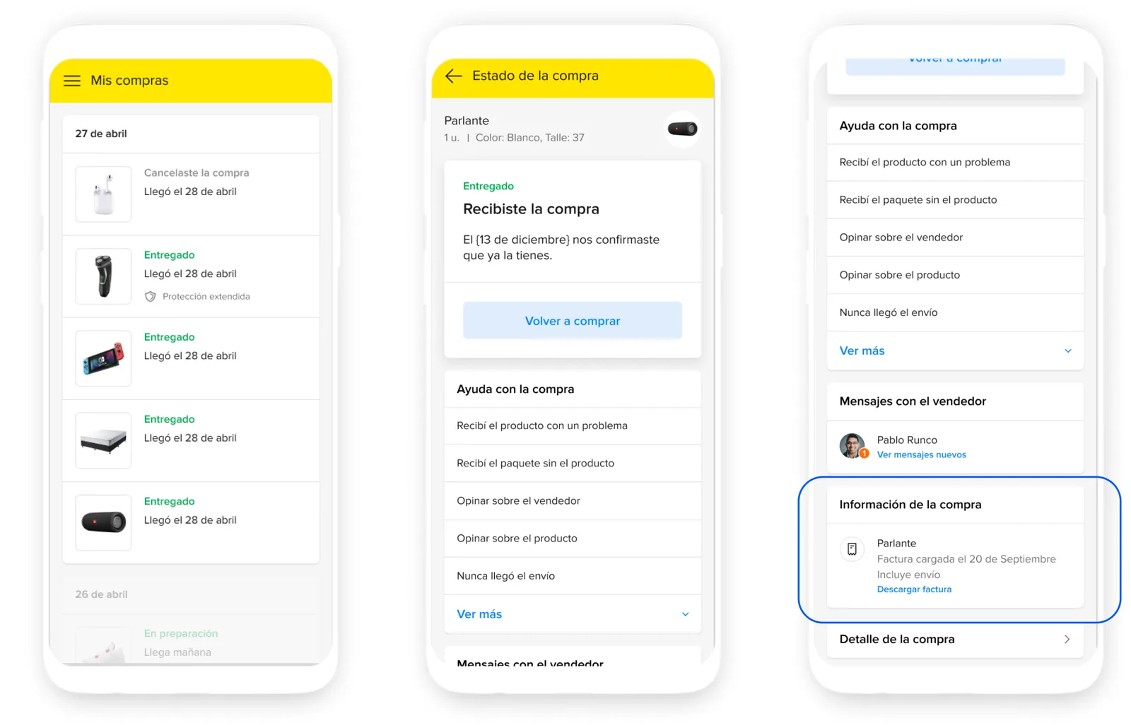 Três telas do app: lista de compras, detalhes da compra e o card de informação da compra com o link da nota em destaque