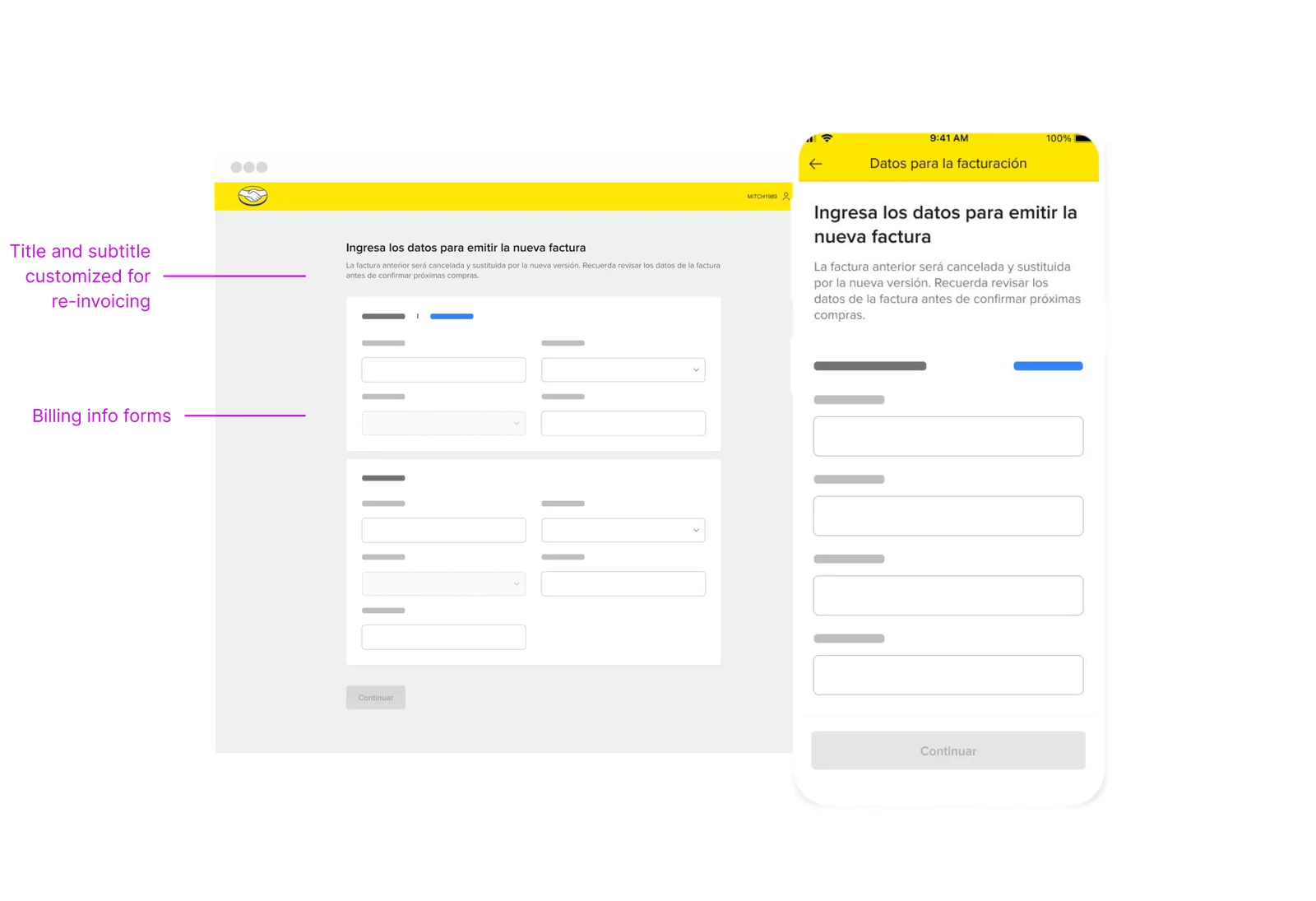 Formulário de dados fiscais em desktop e mobile, com anotações indicando título customizado e os campos de billing info