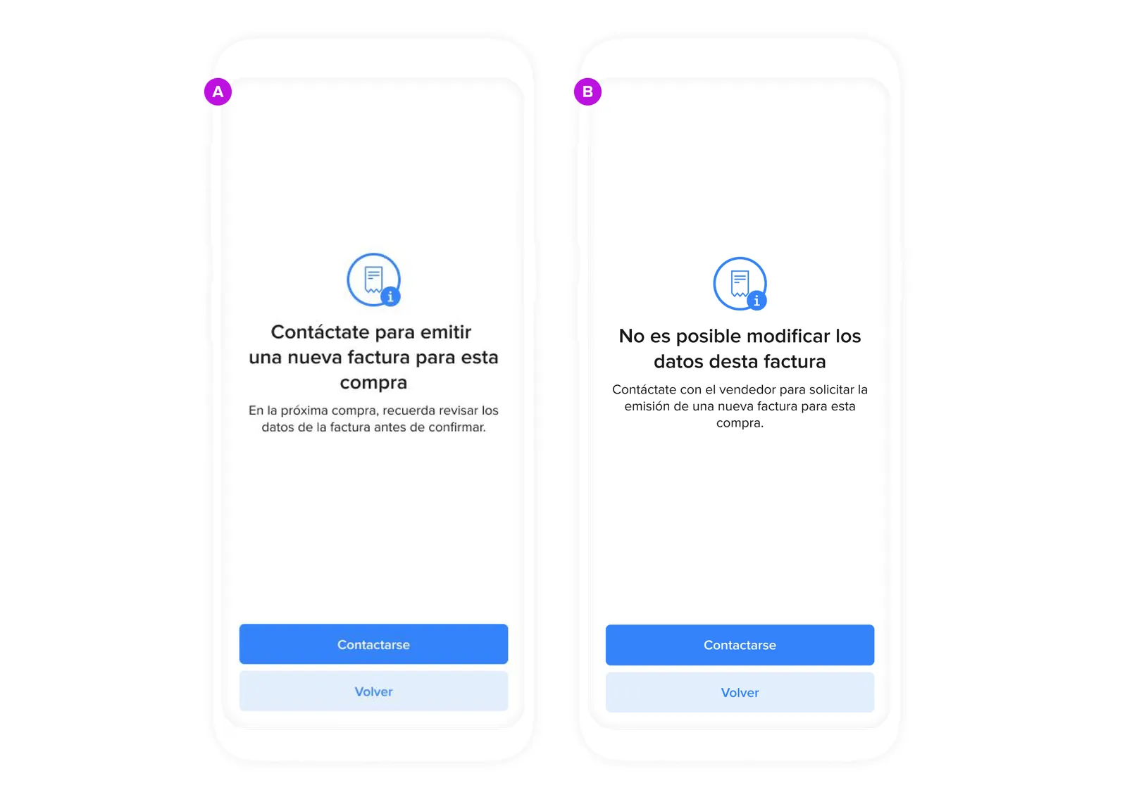 Telas direcionando o comprador para atendimento (A) e para o vendedor (B)