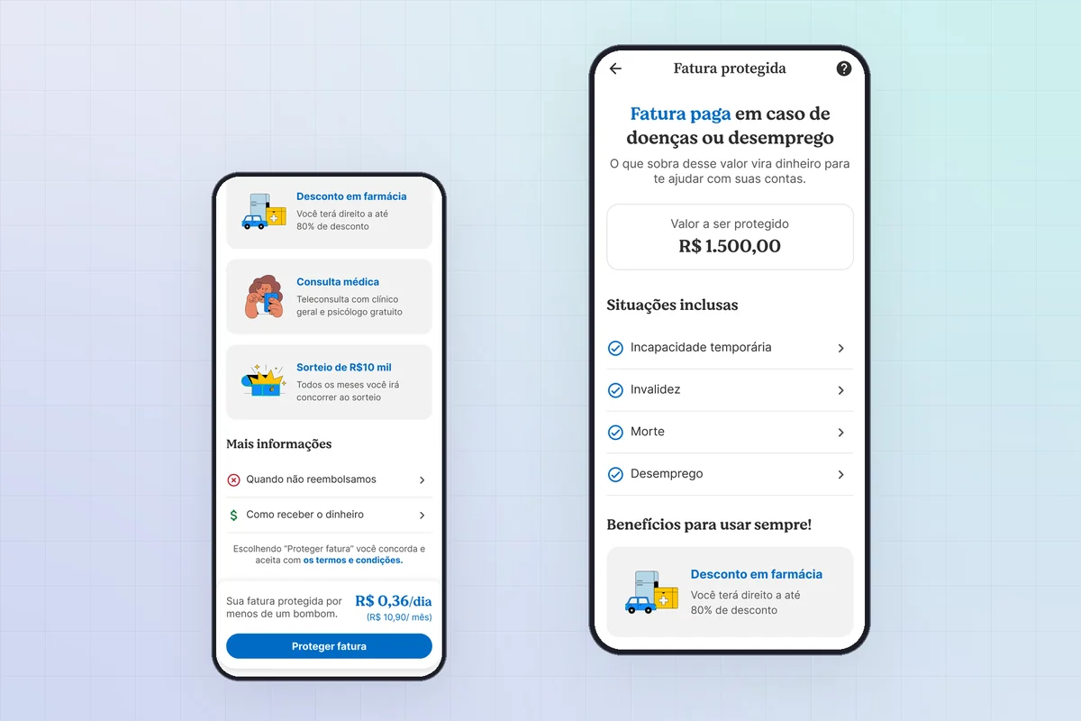 Duas telas do app da Neon com o seguro Fatura protegida: coberturas listadas e preço por dia