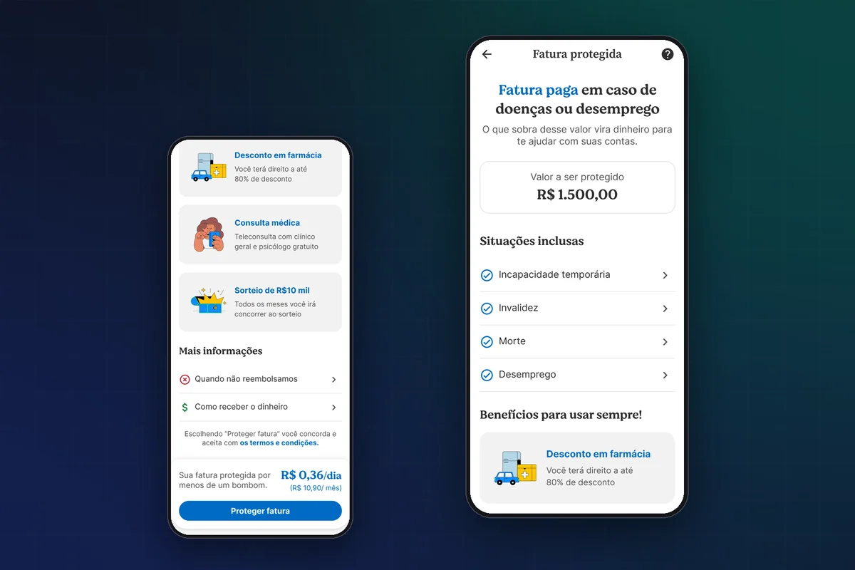Duas telas do app da Neon com o seguro Fatura protegida: coberturas listadas e preço por dia