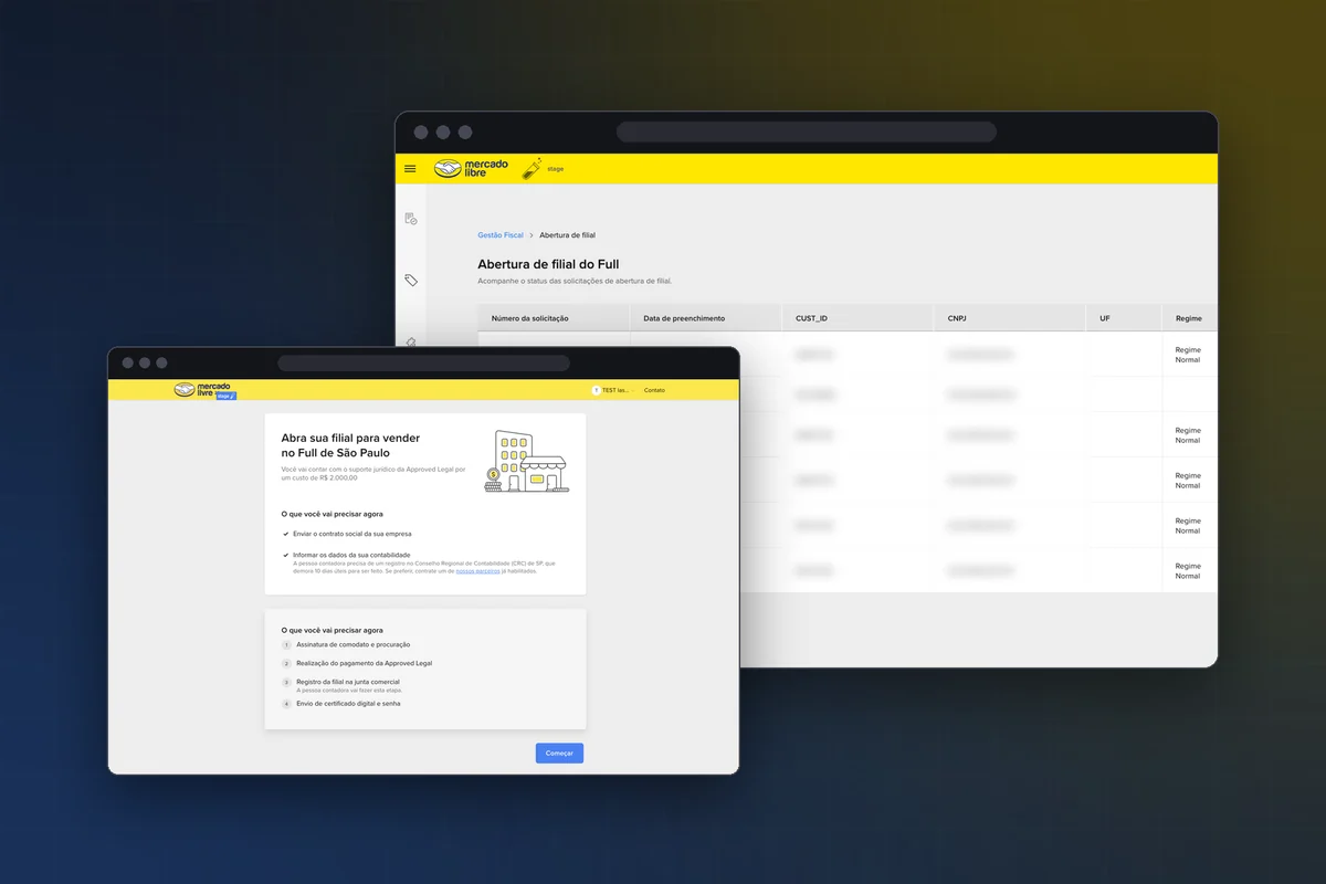 Tela de boas-vindas da abertura de filial do Mercado Livre sobre a tabela de solicitações do backoffice